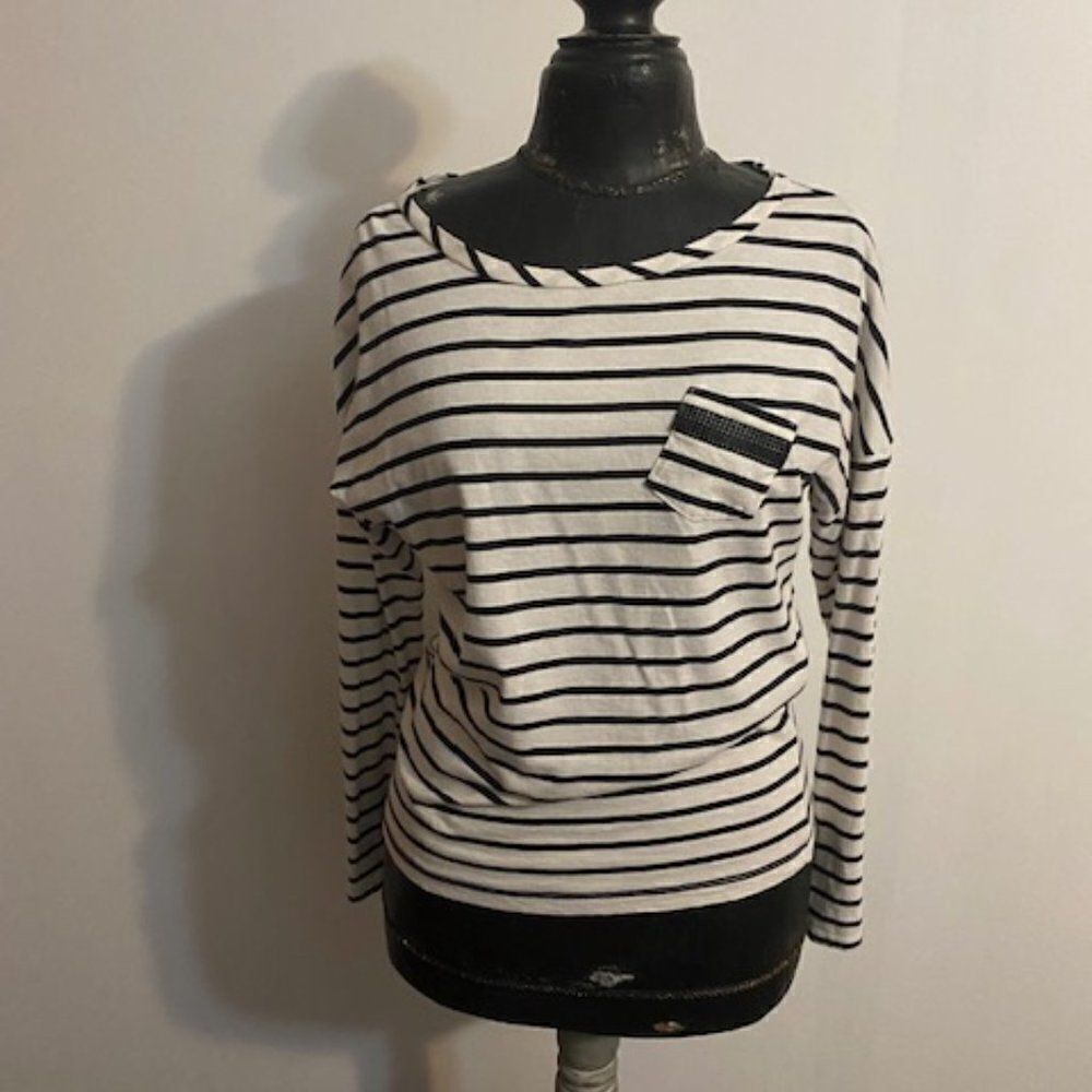 Loft Navy/White stripe long sleeve with Sequin pocket T-shirt, size M